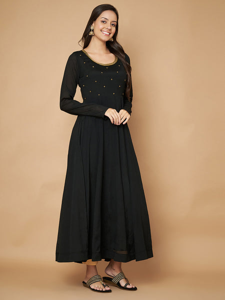 Poshak Hub Women Black Chinon Hand Embroidery Anarkali Kurta