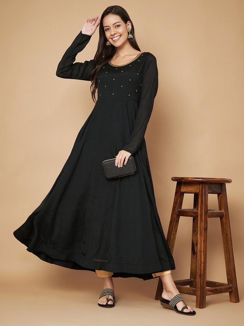 Poshak Hub Women Black Chinon Hand Embroidery Anarkali Kurta