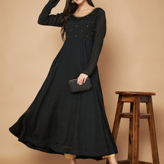 Poshak Hub Women Black Chinon Hand Embroidery Anarkali Kurta