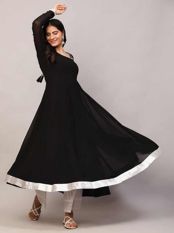 Poshak Hub Women Black Georgette Hand Embroidery Anarkali Kurta