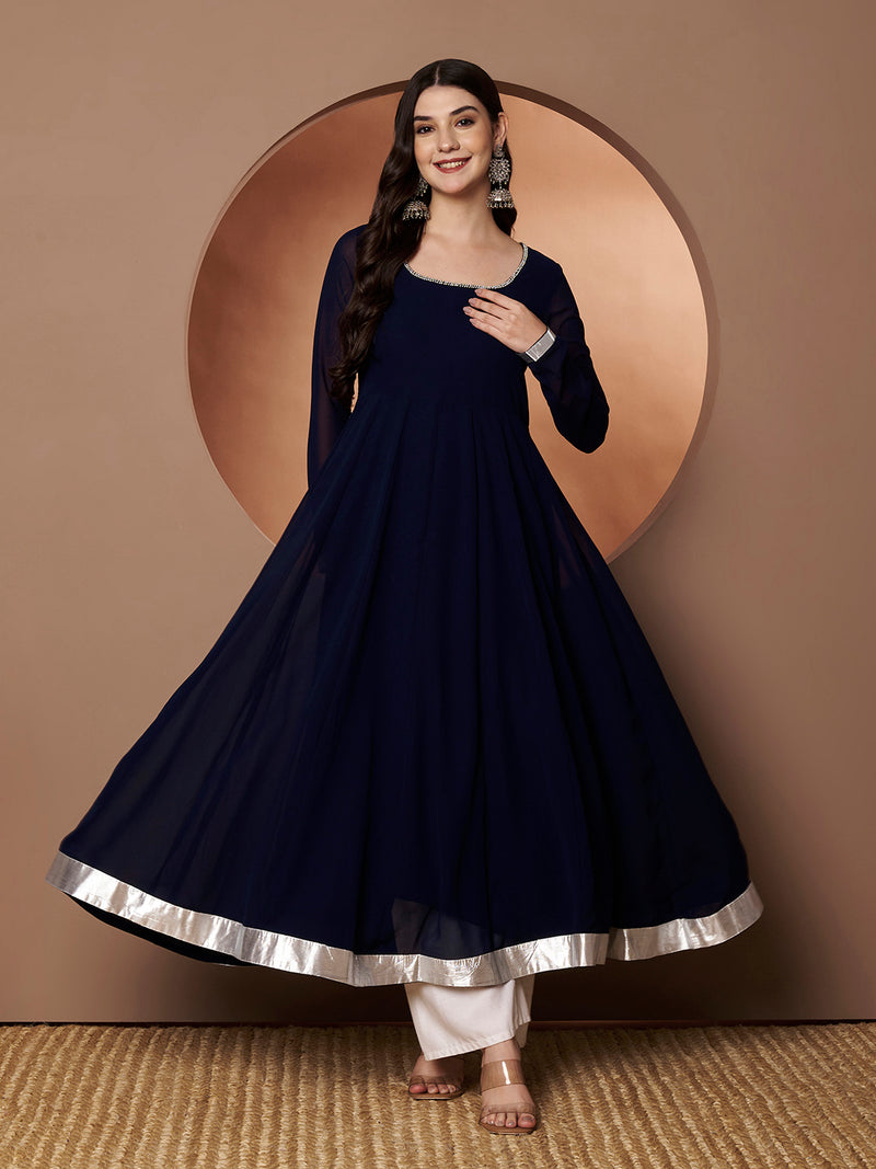 Poshak Hub Women Blue Georgette Hand Embroidery Anarkali Kurta
