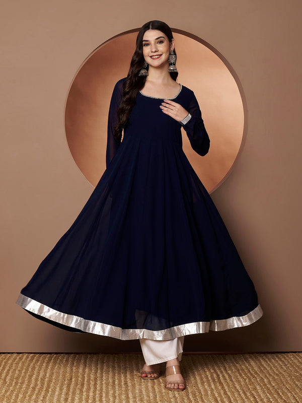 Poshak Hub Women Blue Georgette Hand Embroidery Anarkali Kurta