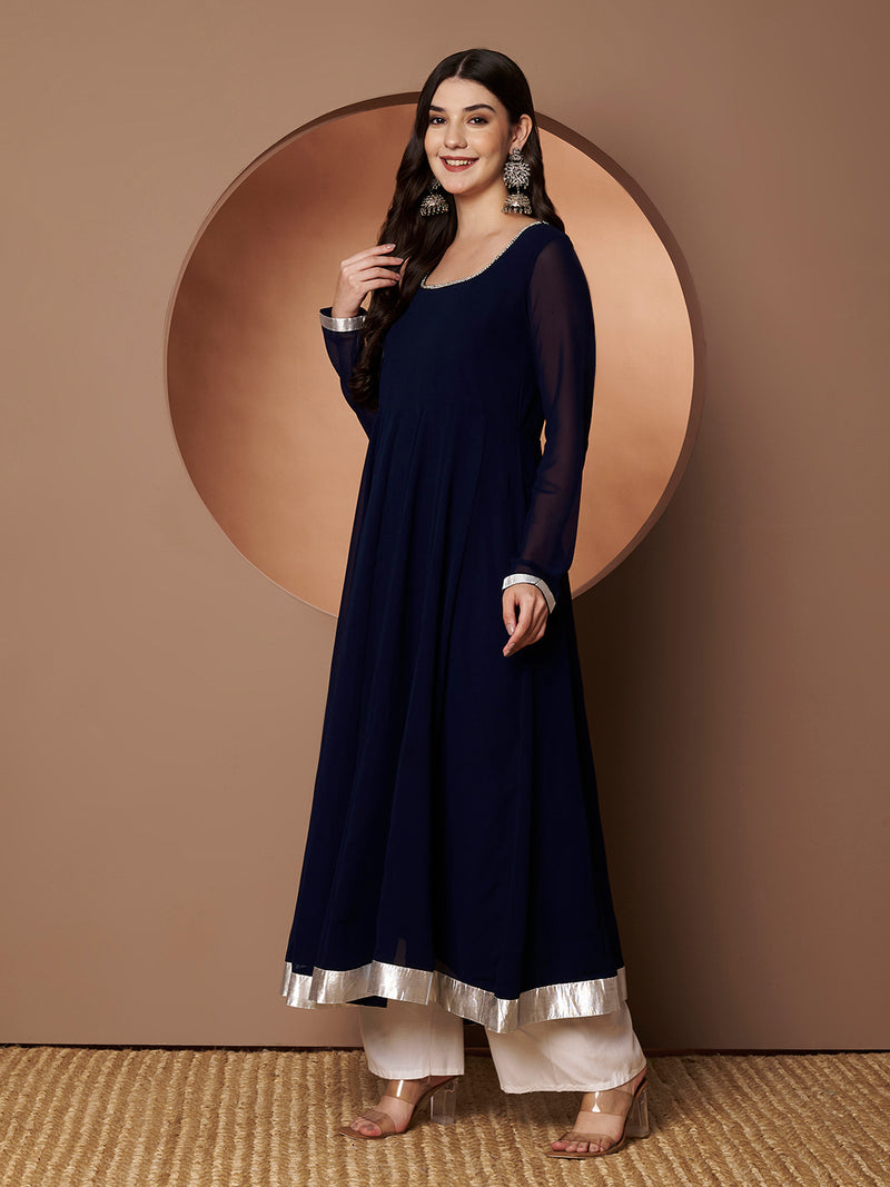 Poshak Hub Women Blue Georgette Hand Embroidery Anarkali Kurta