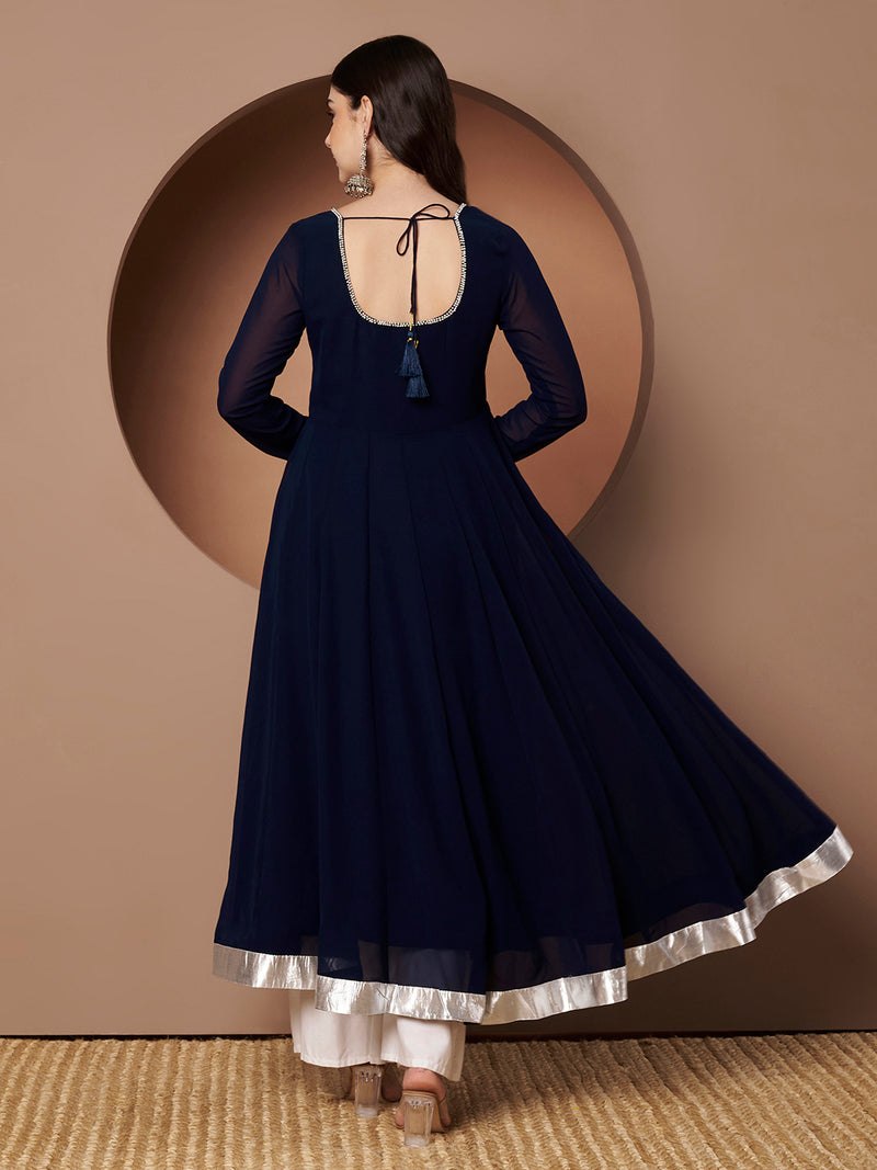 Poshak Hub Women Blue Georgette Hand Embroidery Anarkali Kurta