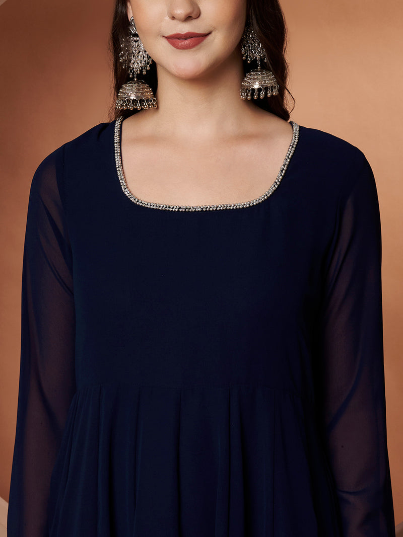 Poshak Hub Women Blue Georgette Hand Embroidery Anarkali Kurta