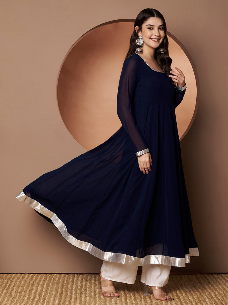 Poshak Hub Women Blue Georgette Hand Embroidery Anarkali Kurta