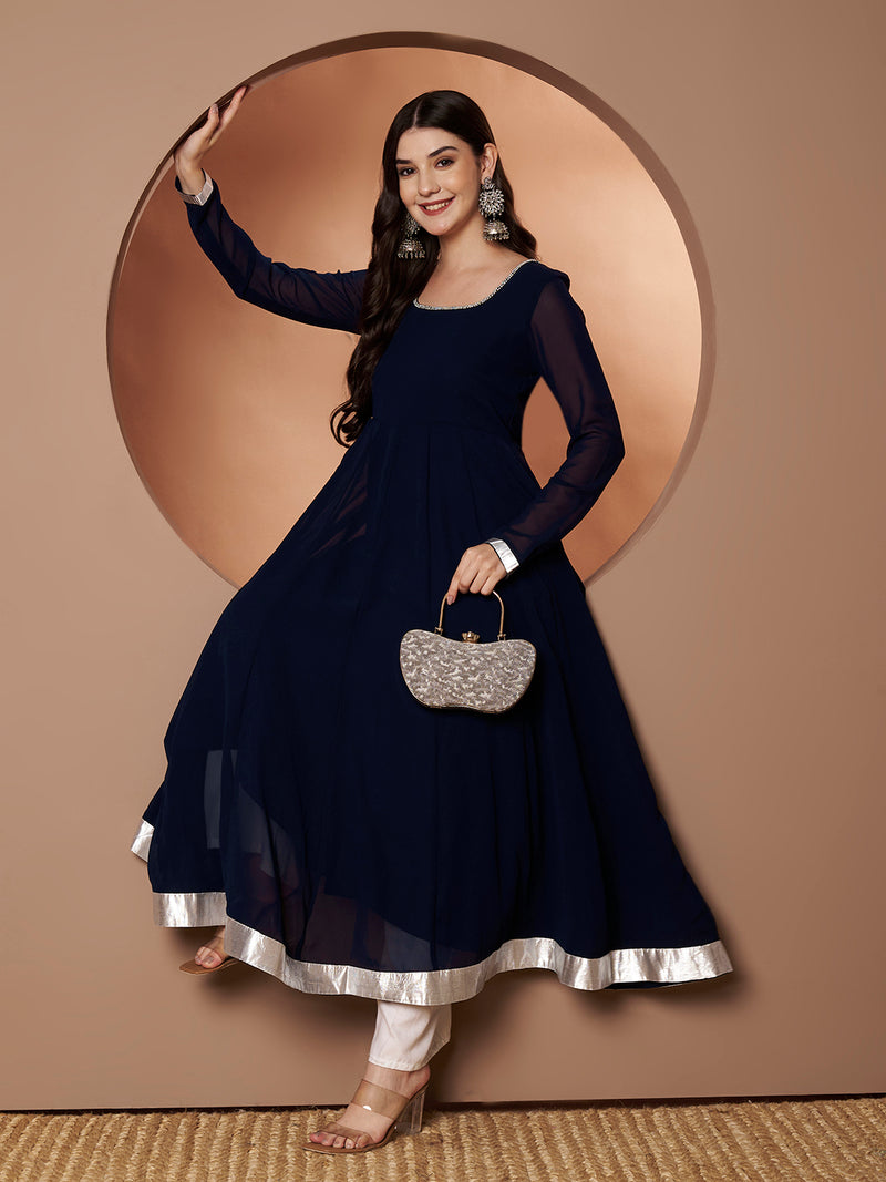 Poshak Hub Women Blue Georgette Hand Embroidery Anarkali Kurta