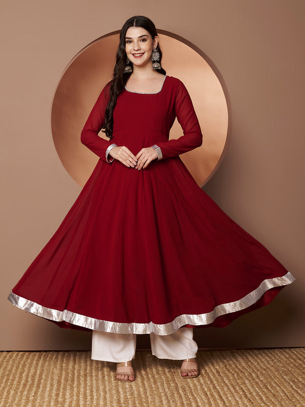 Poshak Hub Women Maroon Georgette Hand Embroidery Anarkali Kurta