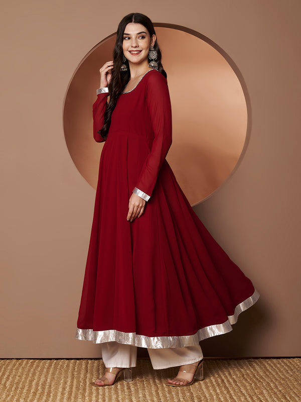 Poshak Hub Women Maroon Georgette Hand Embroidery Anarkali Kurta