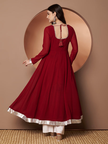 Poshak Hub Women Maroon Georgette Hand Embroidery Anarkali Kurta