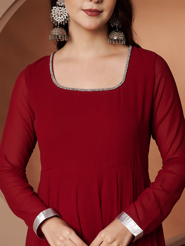 Poshak Hub Women Maroon Georgette Hand Embroidery Anarkali Kurta