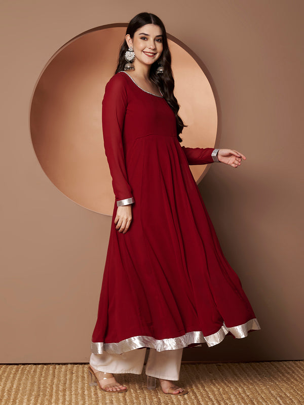 Poshak Hub Women Maroon Georgette Hand Embroidery Anarkali Kurta