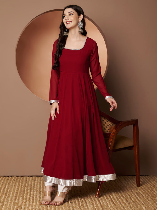 Poshak Hub Women Maroon Georgette Hand Embroidery Anarkali Kurta