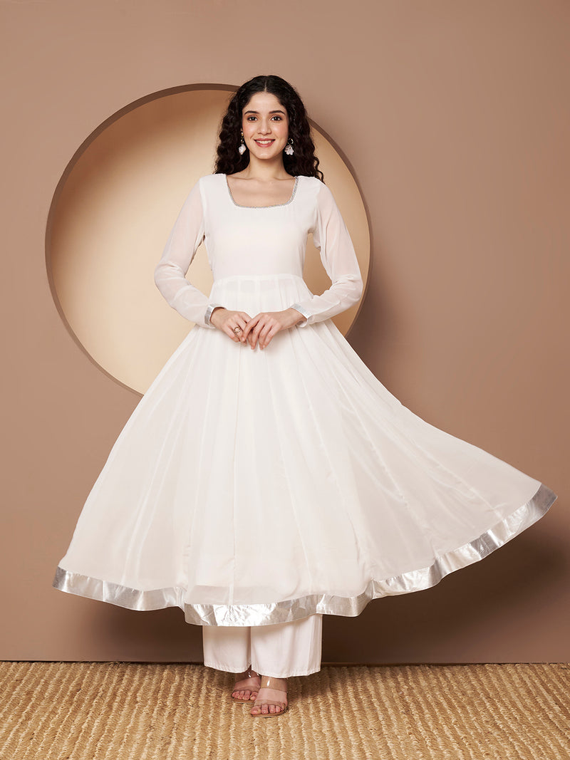 Poshak Hub Women Off-White Georgette Hand Embroidery Anarkali Kurta