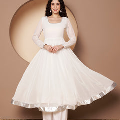 Poshak Hub Women Off-White Georgette Hand Embroidery Anarkali Kurta