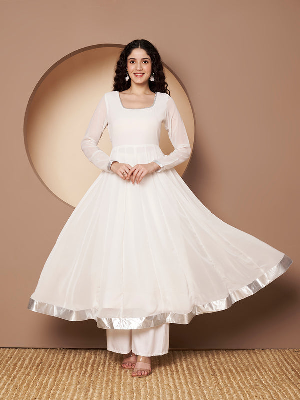 Poshak Hub Women Off-White Georgette Hand Embroidery Anarkali Kurta
