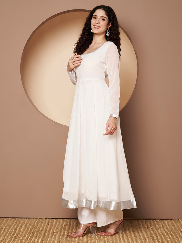 Poshak Hub Women Off-White Georgette Hand Embroidery Anarkali Kurta
