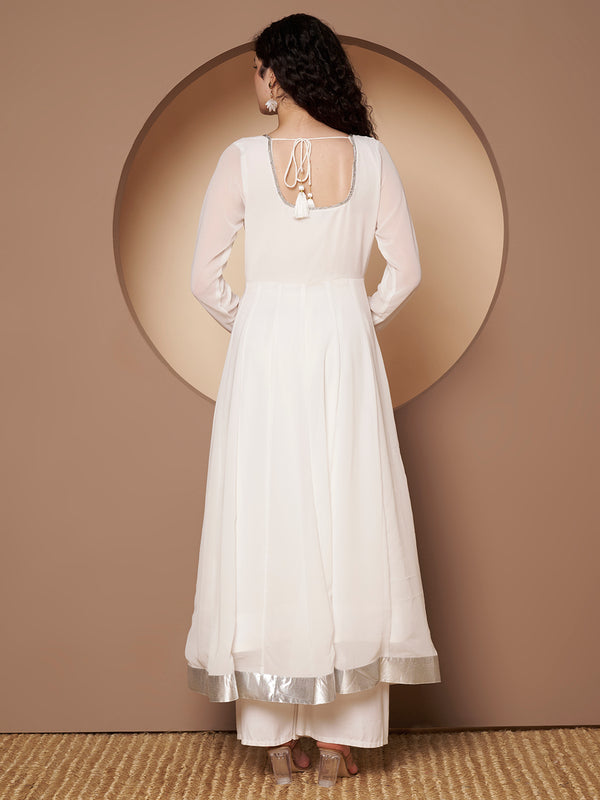 Poshak Hub Women Off-White Georgette Hand Embroidery Anarkali Kurta