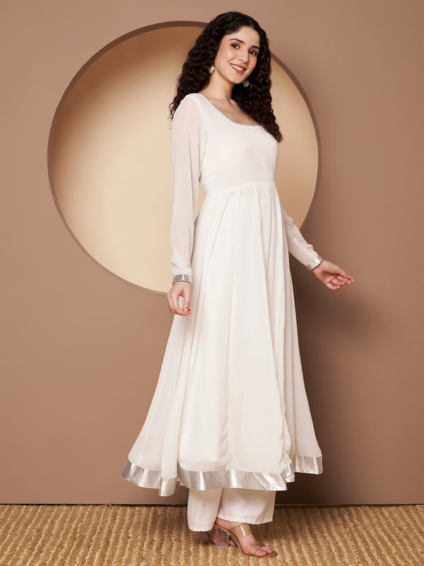 Poshak Hub Women Off-White Georgette Hand Embroidery Anarkali Kurta