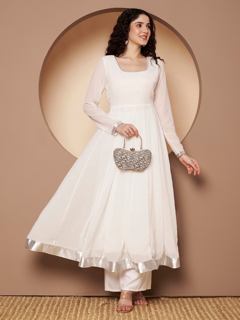 Poshak Hub Women Off-White Georgette Hand Embroidery Anarkali Kurta