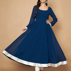 Poshak Hub Women Teal Blue Georgette Hand Embroidery Anarkali Kurta