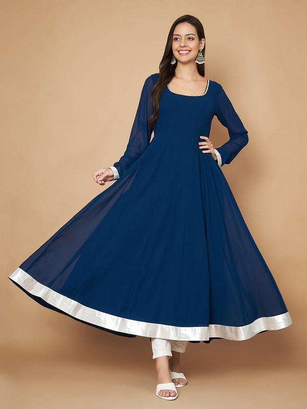 Poshak Hub Women Teal Blue Georgette Hand Embroidery Anarkali Kurta