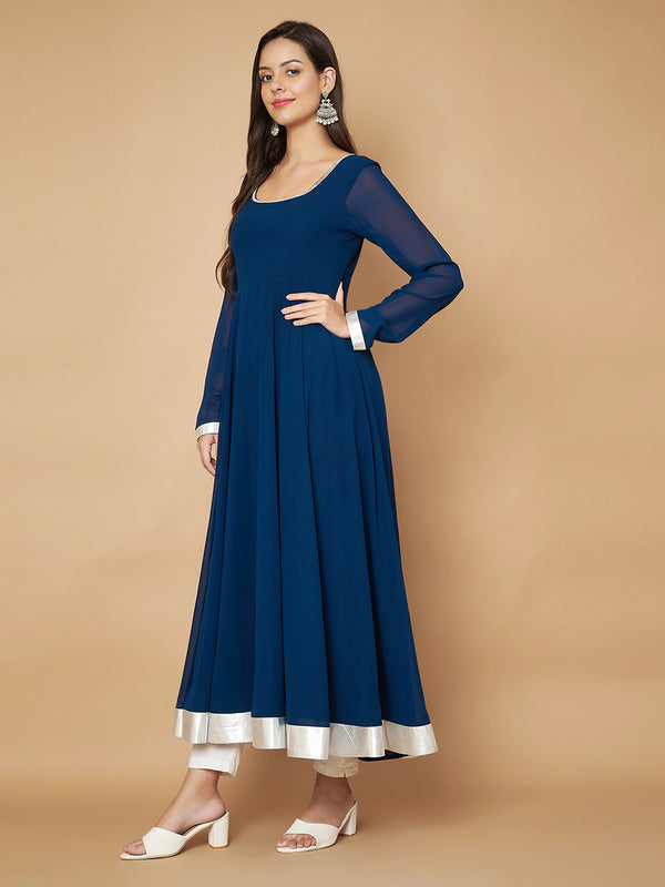 Poshak Hub Women Teal Blue Georgette Hand Embroidery Anarkali Kurta