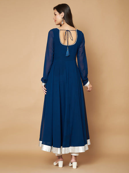 Poshak Hub Women Teal Blue Georgette Hand Embroidery Anarkali Kurta