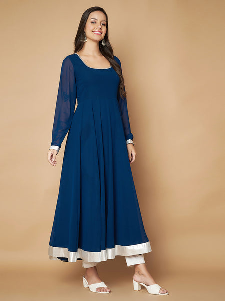 Poshak Hub Women Teal Blue Georgette Hand Embroidery Anarkali Kurta