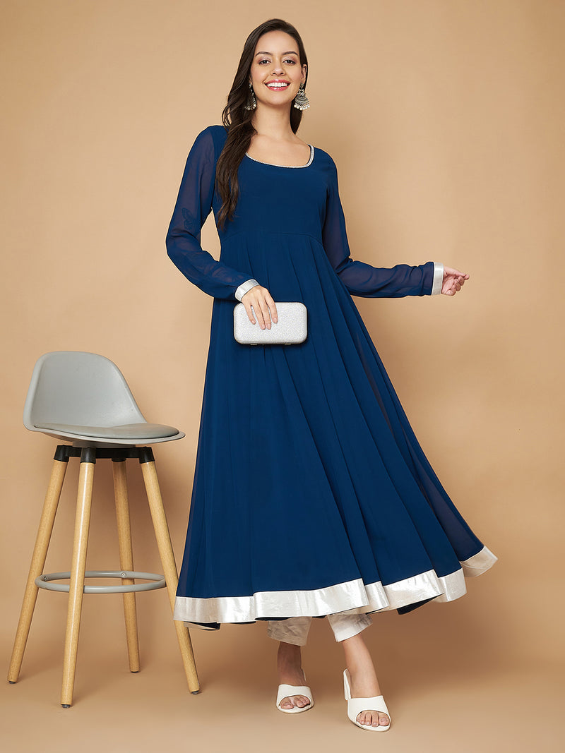 Poshak Hub Women Teal Blue Georgette Hand Embroidery Anarkali Kurta