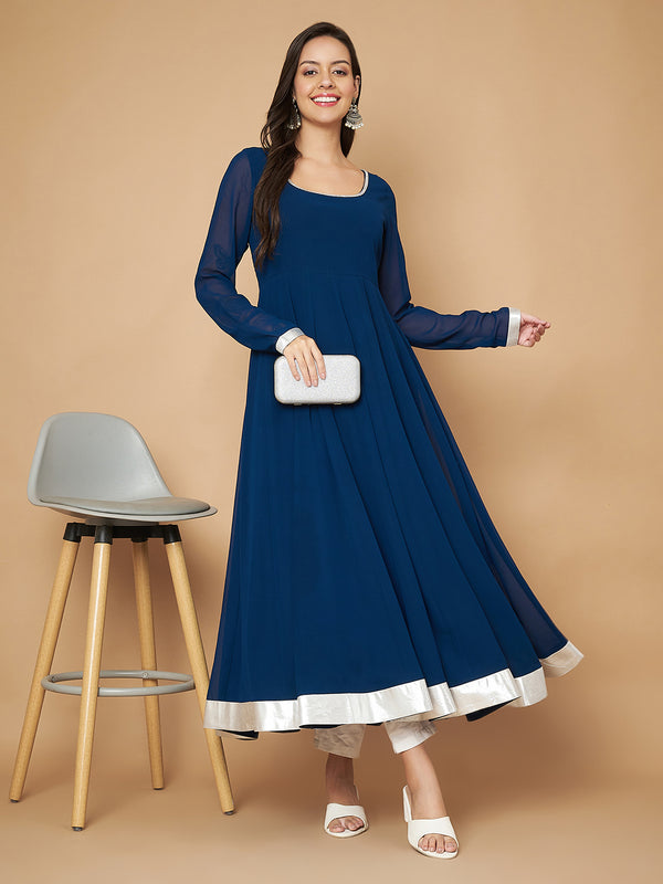 Poshak Hub Women Teal Blue Georgette Hand Embroidery Anarkali Kurta