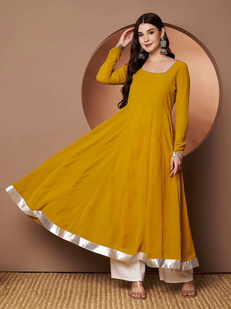 Poshak Hub Women Yellow Georgette Hand Embroidery Anarkali Kurta