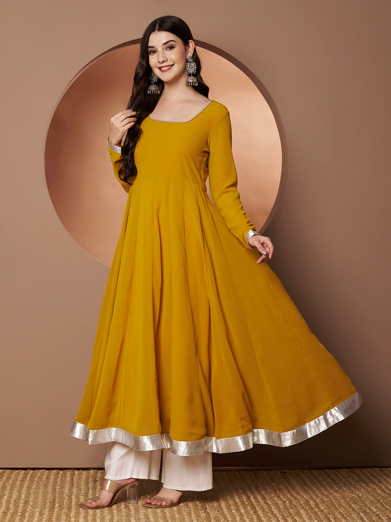 Poshak Hub Women Yellow Georgette Hand Embroidery Anarkali Kurta