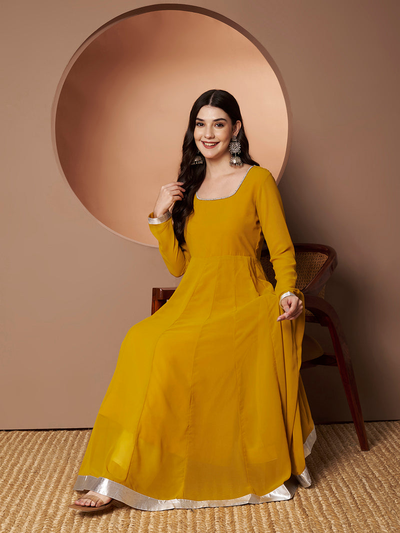 Poshak Hub Women Yellow Georgette Hand Embroidery Anarkali Kurta