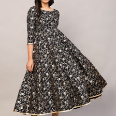 Poshak Hub Women Black and Gold Chanderi brocade Anarkali Kurta