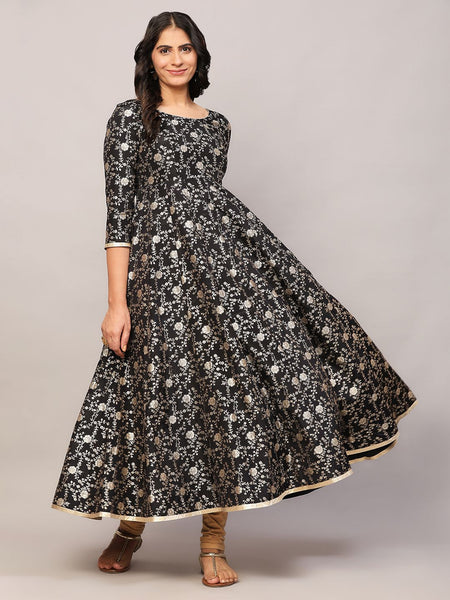 Poshak Hub Women Black and Gold Chanderi brocade Anarkali Kurta