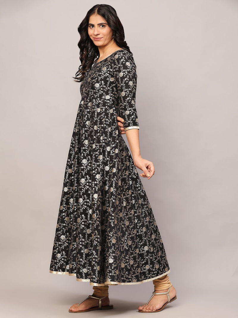 Poshak Hub Women Black and Gold Chanderi brocade Anarkali Kurta