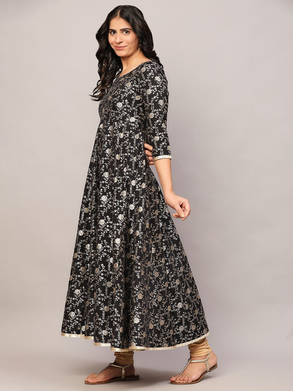 Poshak Hub Women Black and Gold Chanderi brocade Anarkali Kurta