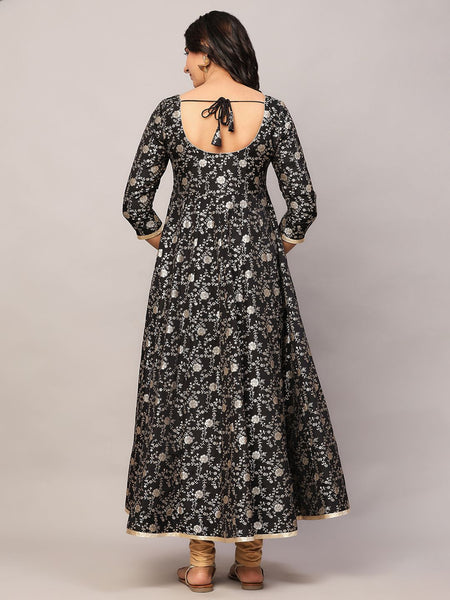 Poshak Hub Women Black and Gold Chanderi brocade Anarkali Kurta
