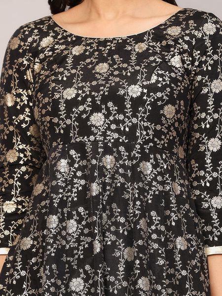 Poshak Hub Women Black and Gold Chanderi brocade Anarkali Kurta