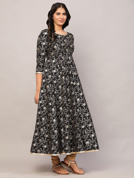 Poshak Hub Women Black and Gold Chanderi brocade Anarkali Kurta