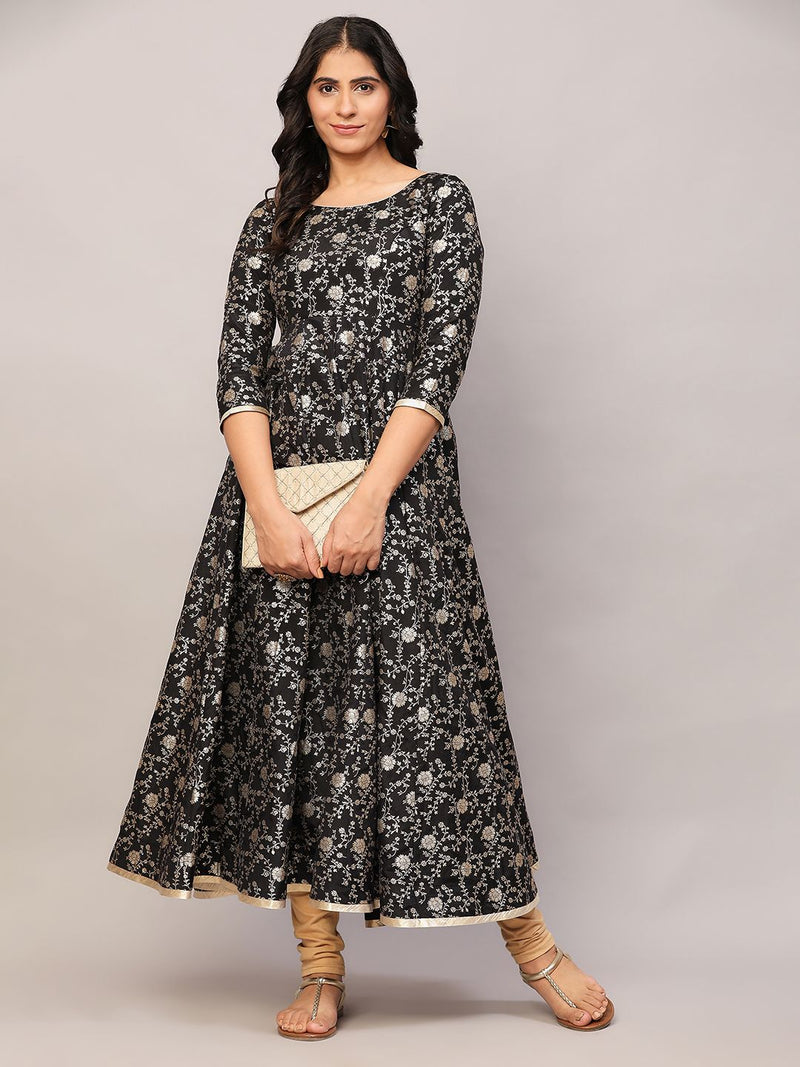 Poshak Hub Women Black and Gold Chanderi brocade Anarkali Kurta