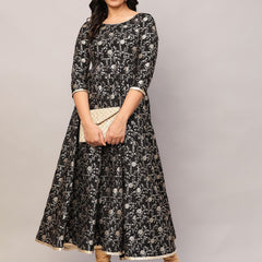 Poshak Hub Women Black and Gold Chanderi brocade Anarkali Kurta