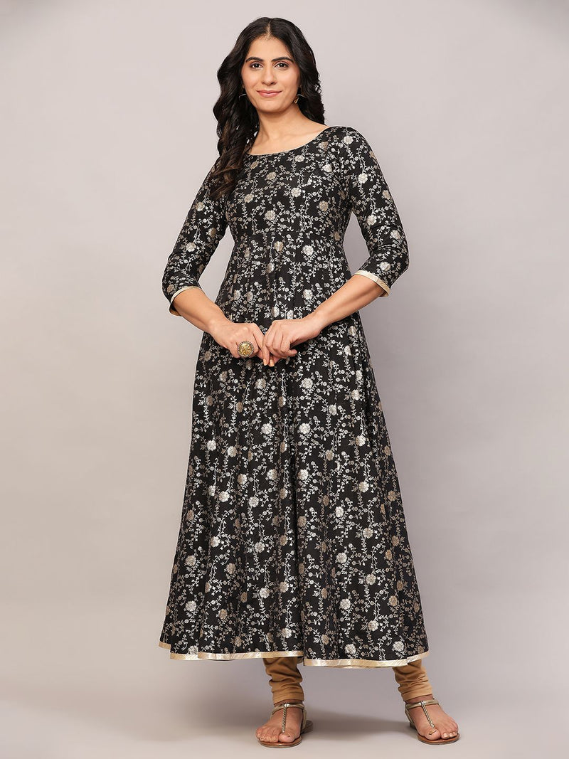 Poshak Hub Women Black and Gold Chanderi brocade Anarkali Kurta