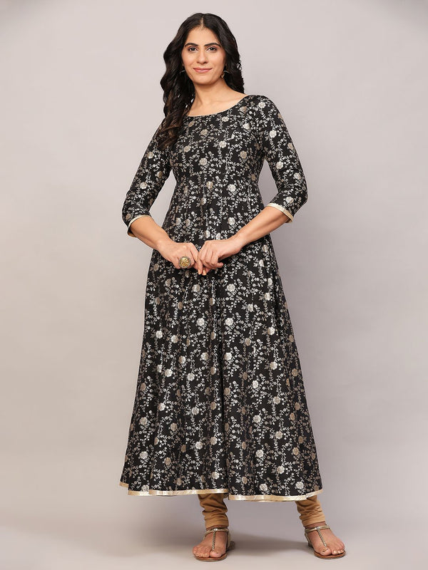 Poshak Hub Women Black and Gold Chanderi brocade Anarkali Kurta