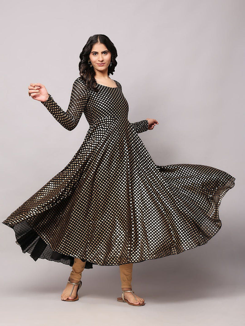 Poshak Hub Women Black Georgette Foil Print Anarkali Kurta