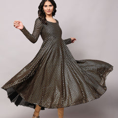 Poshak Hub Women Black Georgette Foil Print Anarkali Kurta