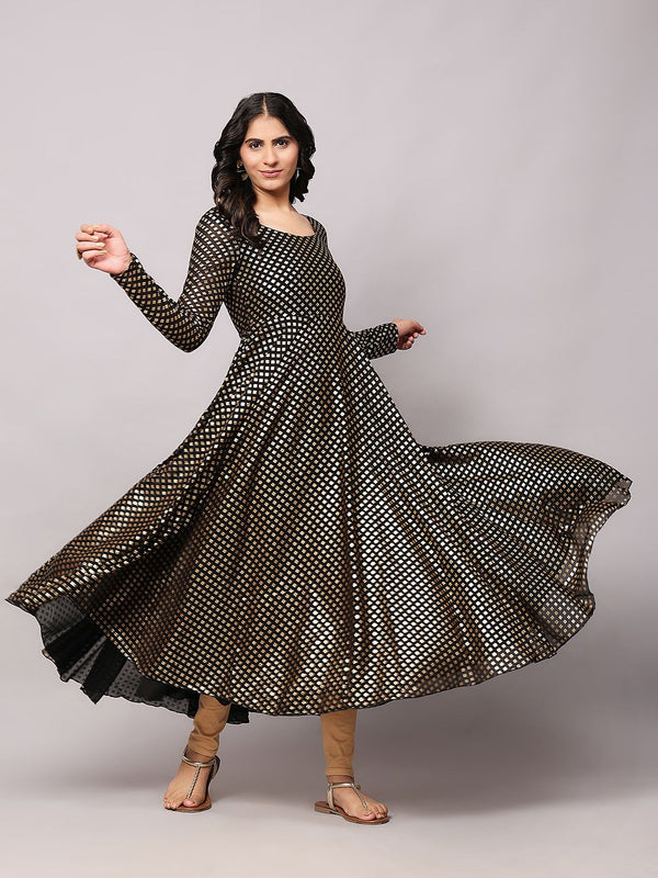 Poshak Hub Women Black Georgette Foil Print Anarkali Kurta
