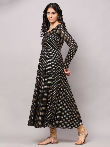 Poshak Hub Women Black Georgette Foil Print Anarkali Kurta