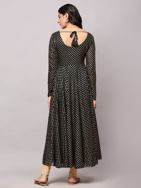 Poshak Hub Women Black Georgette Foil Print Anarkali Kurta